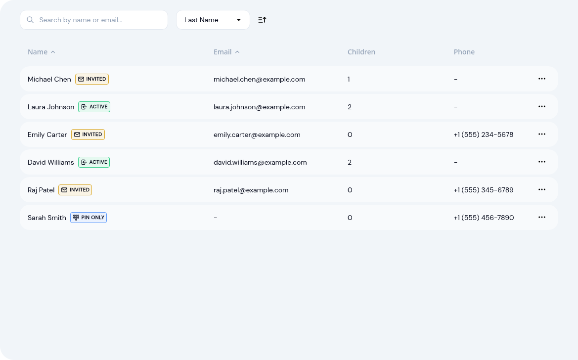 Parents list showing active parents with name, status badge, email, children count, and phone number