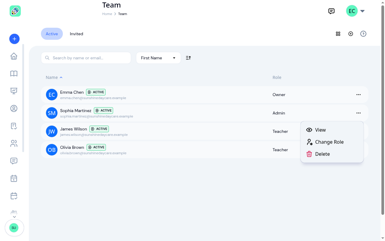 Team list with the actions menu open, showing View, Change Role, and Delete