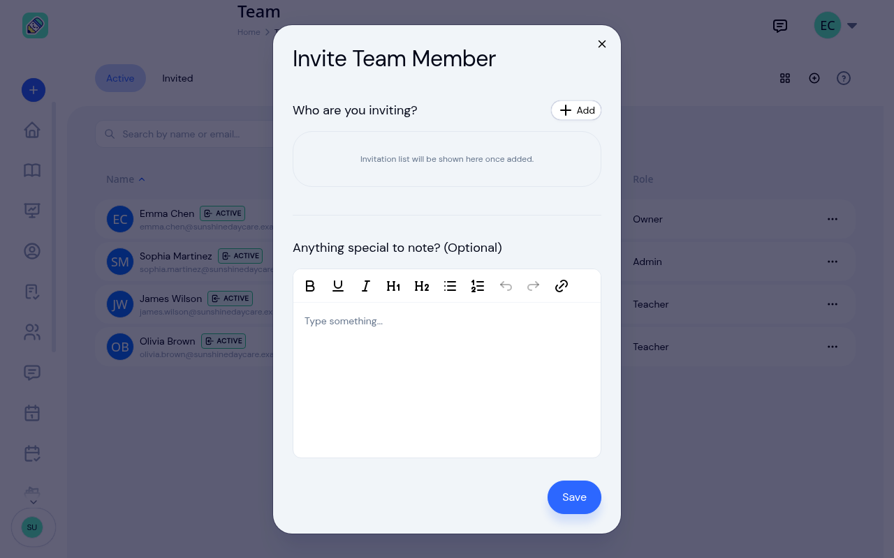 Invite Team Member window with an Add button, an empty invitation list, and an optional notes editor