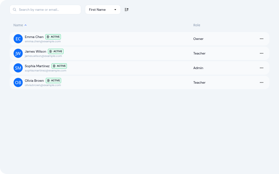Team list showing all active members with name, email, status badge, and role