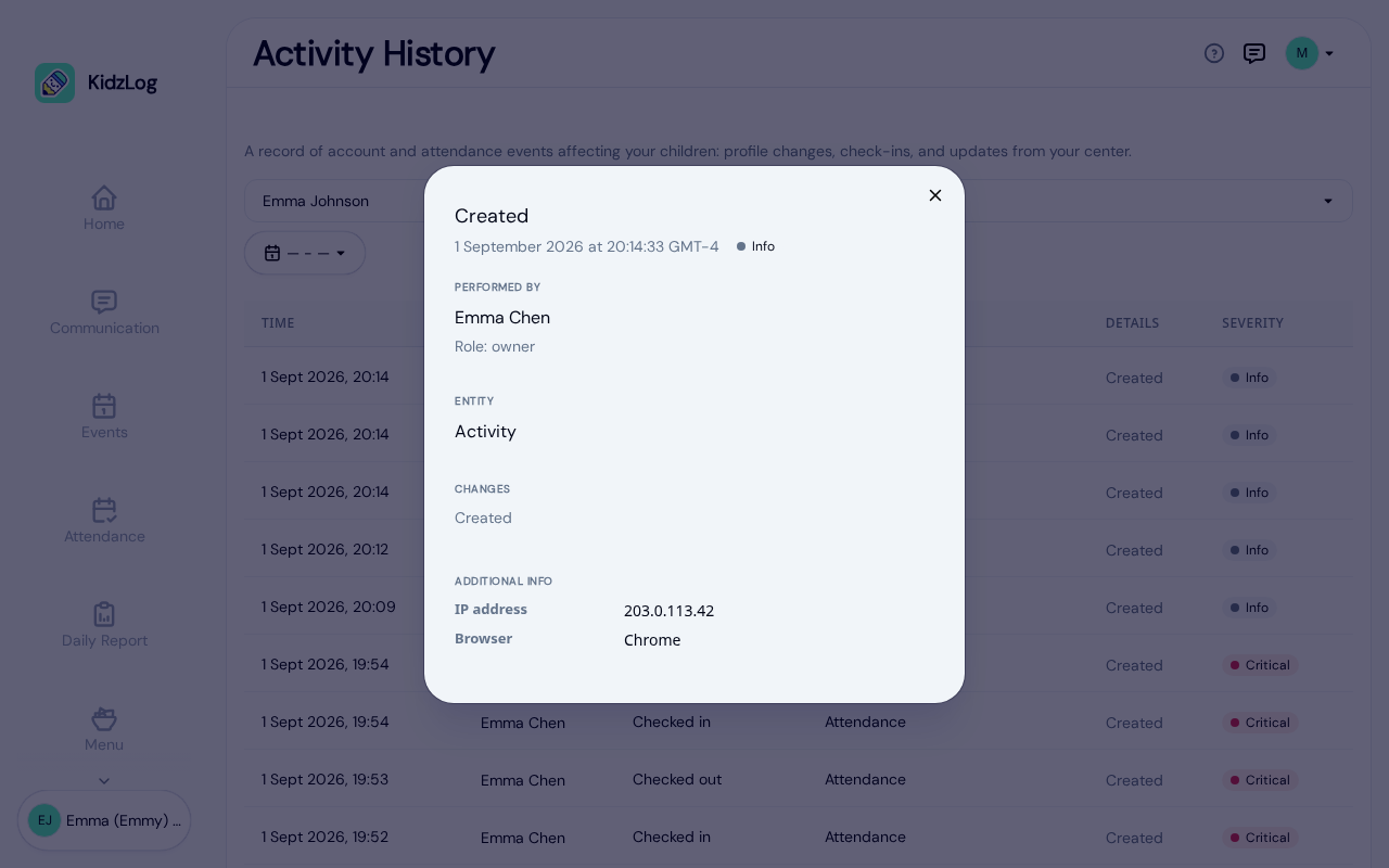 Detail modal for an Updated child profile event, showing Performed By Maya Patel with role owner, Entity Child Clover D, a Changes section listing Last Name, First Name, Date Of Birth, and Preferred Name with their before and after values, and an IP address in the Additional Info section