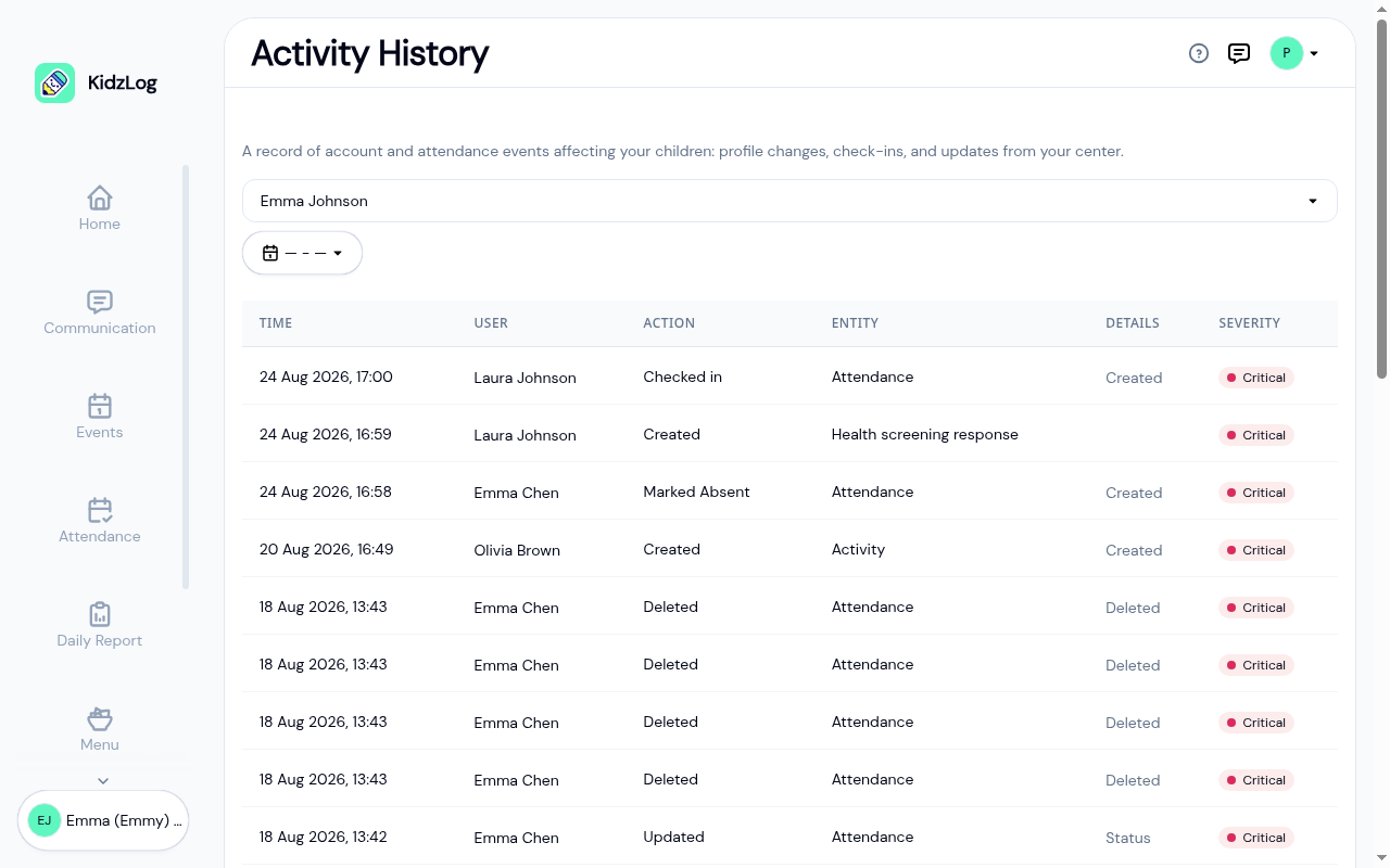 Parent Activity History with the child selector set to Emma Johnson, a date range picker, and a table of check-in, health screening, and attendance events with their severity