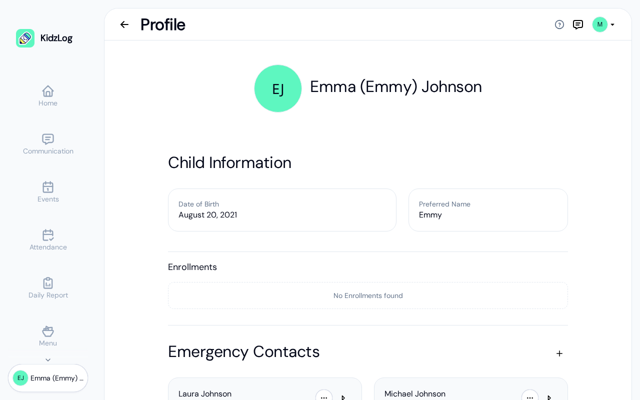 Child profile showing name, date of birth, preferred name, enrolments, and emergency contacts