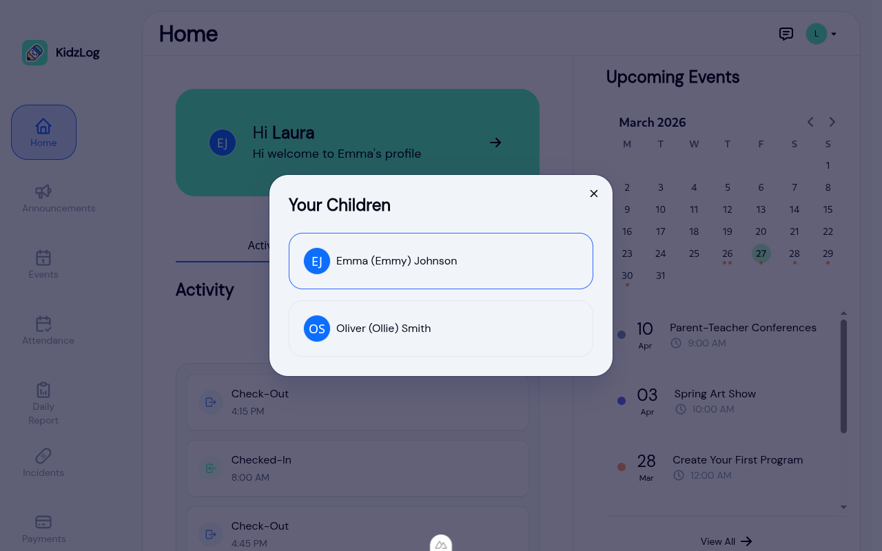 Child switcher modal showing two children — Emma and Oliver