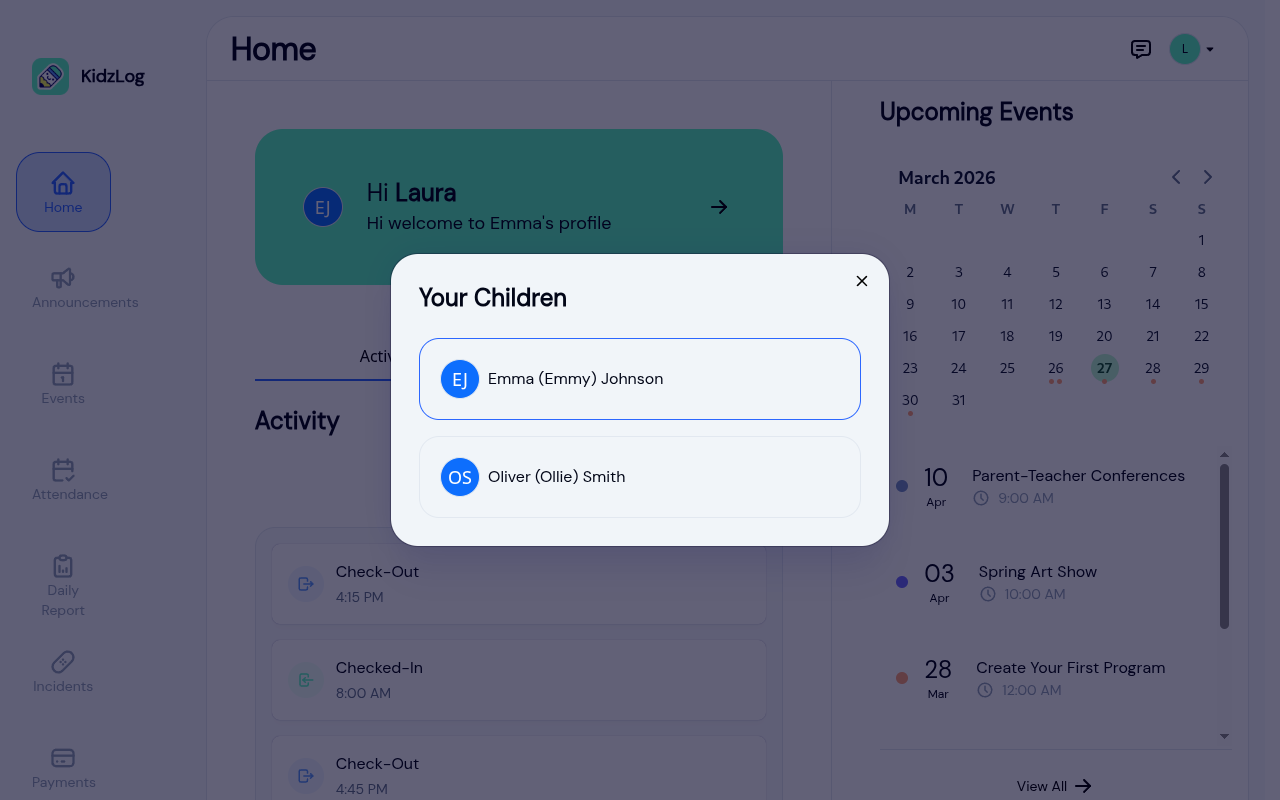 Child switcher modal showing two children — Emma and Oliver