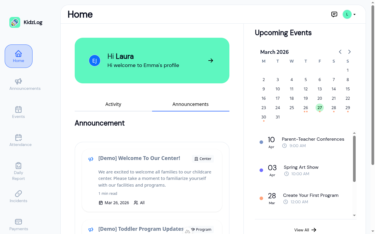 Parent Portal showing the Announcements tab with center announcements