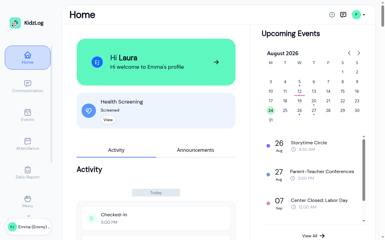Parent Portal dashboard showing the child profile greeting, activity feed, and upcoming events sidebar