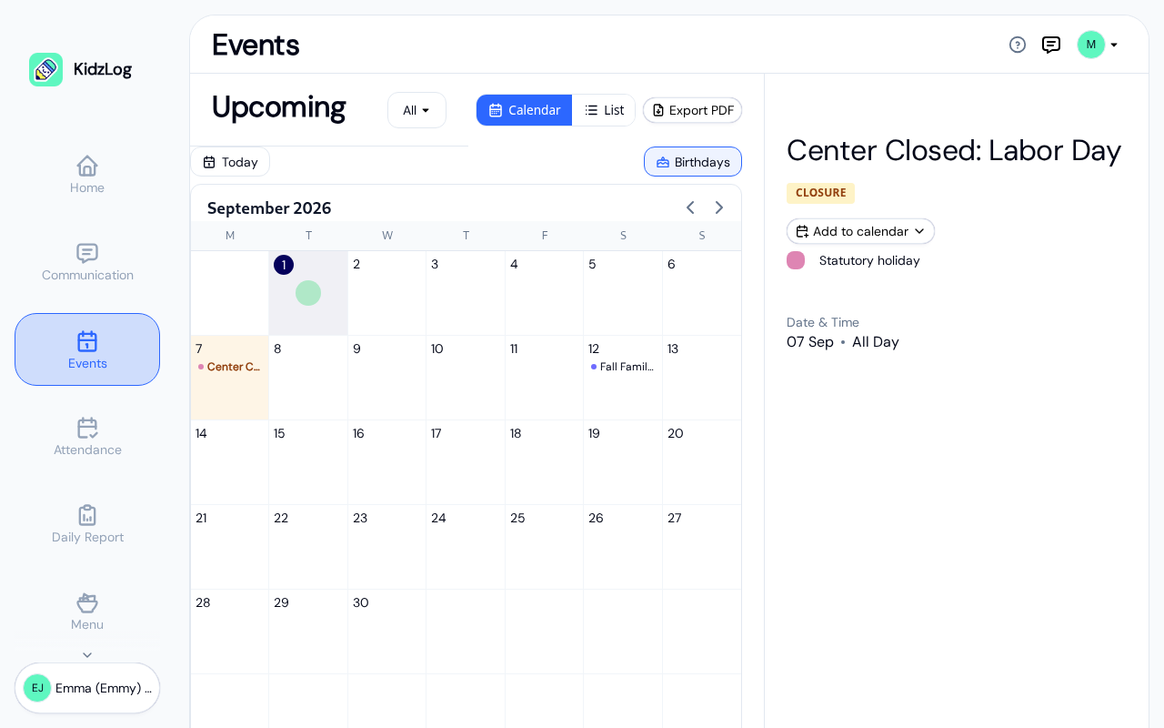 Parent events page in calendar view with the month grid and an event detail panel