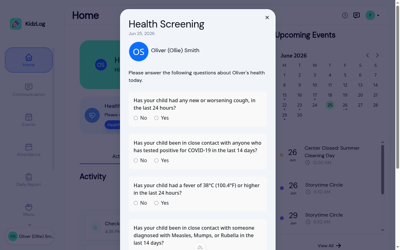 Daily health screening questionnaire on the parent portal with yes/no questions