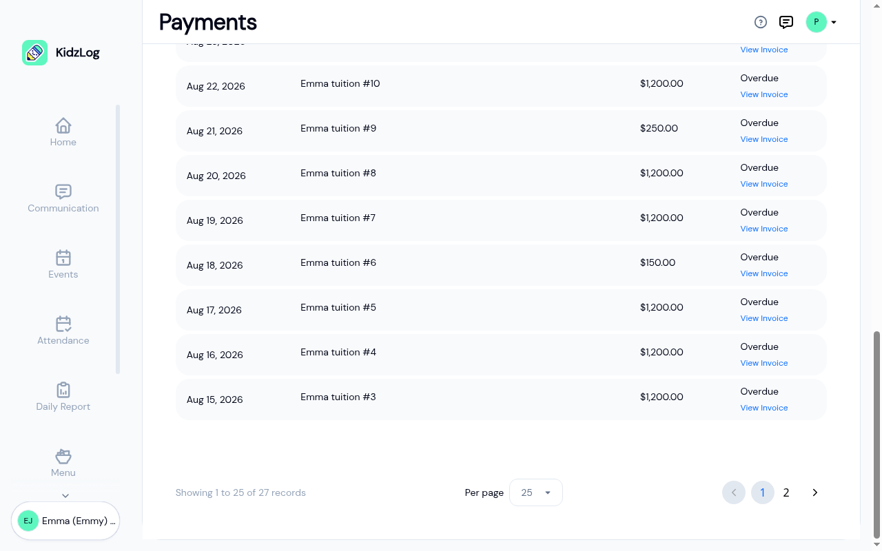 Parent Payments page listing invoices with due date, note, amount, and status columns, and a footer reading "Showing 1 to 25 of 27 records" with a per-page selector and page buttons