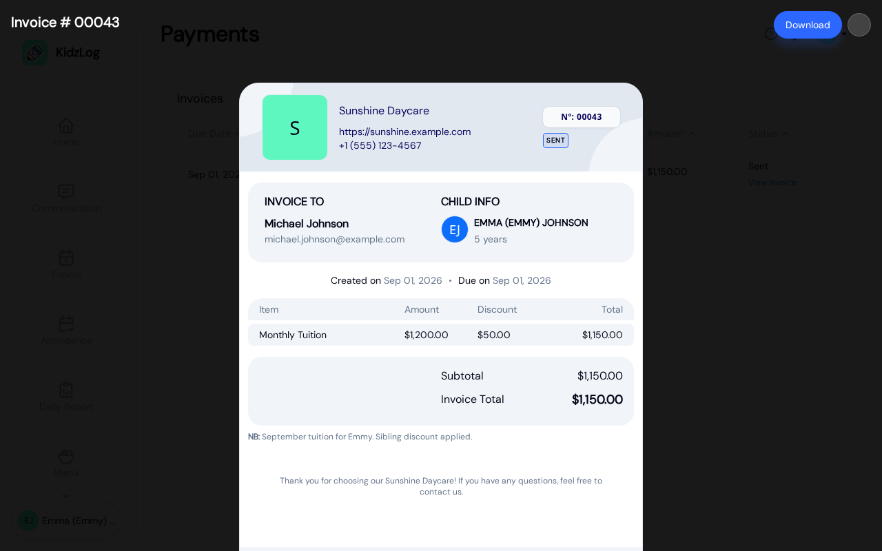 Invoice slip showing the center logo, a SENT badge, the parent name and email, the child name and age, a Monthly Tuition line of $1,200.00 less a $50.00 discount, and the calculated invoice total of $1,150.00