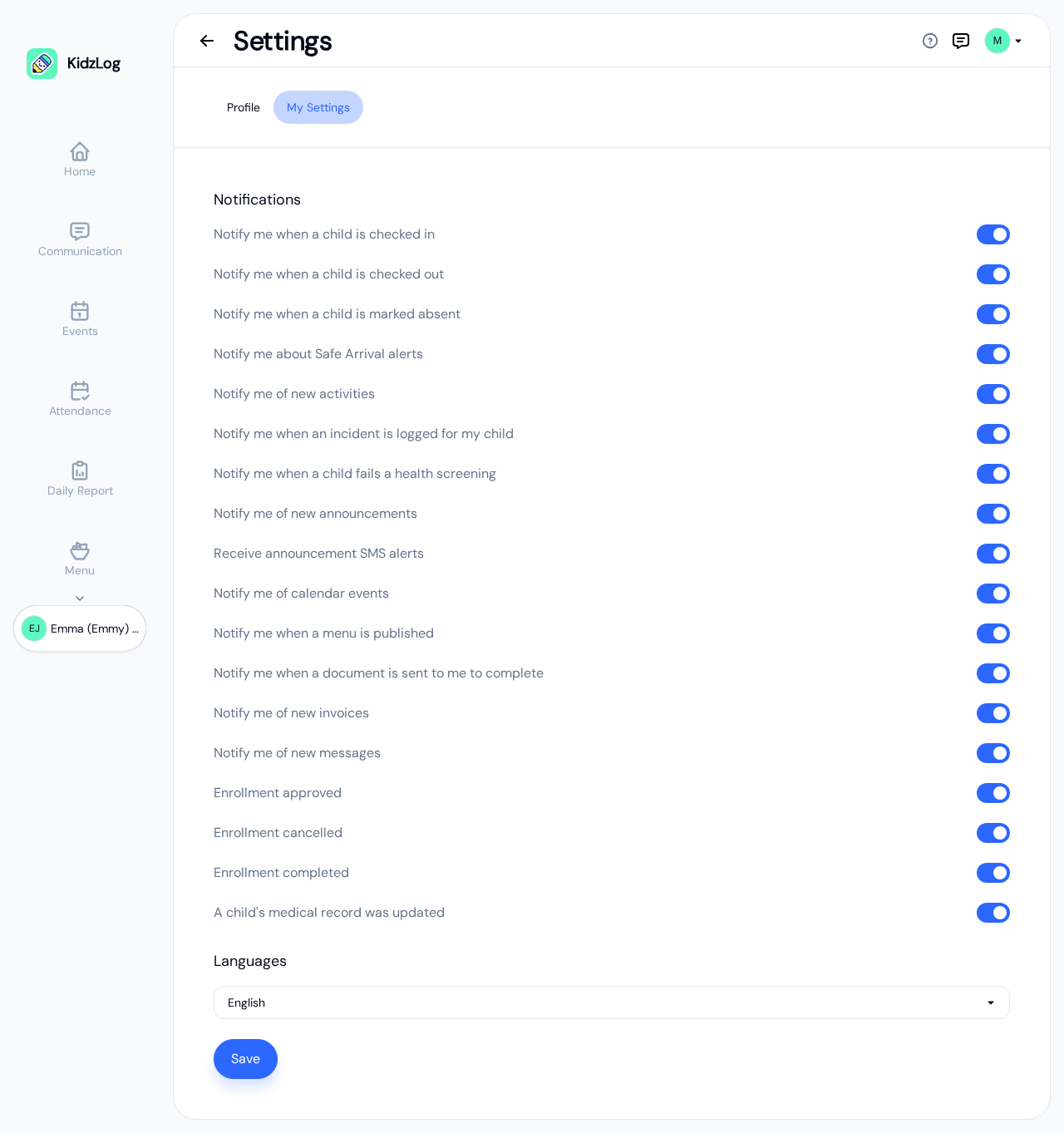 My Settings tab listing the eighteen notification switches, from check-in through document requests, invoices, enrolment and medical record updates, all switched on, with the language selector and Save button below