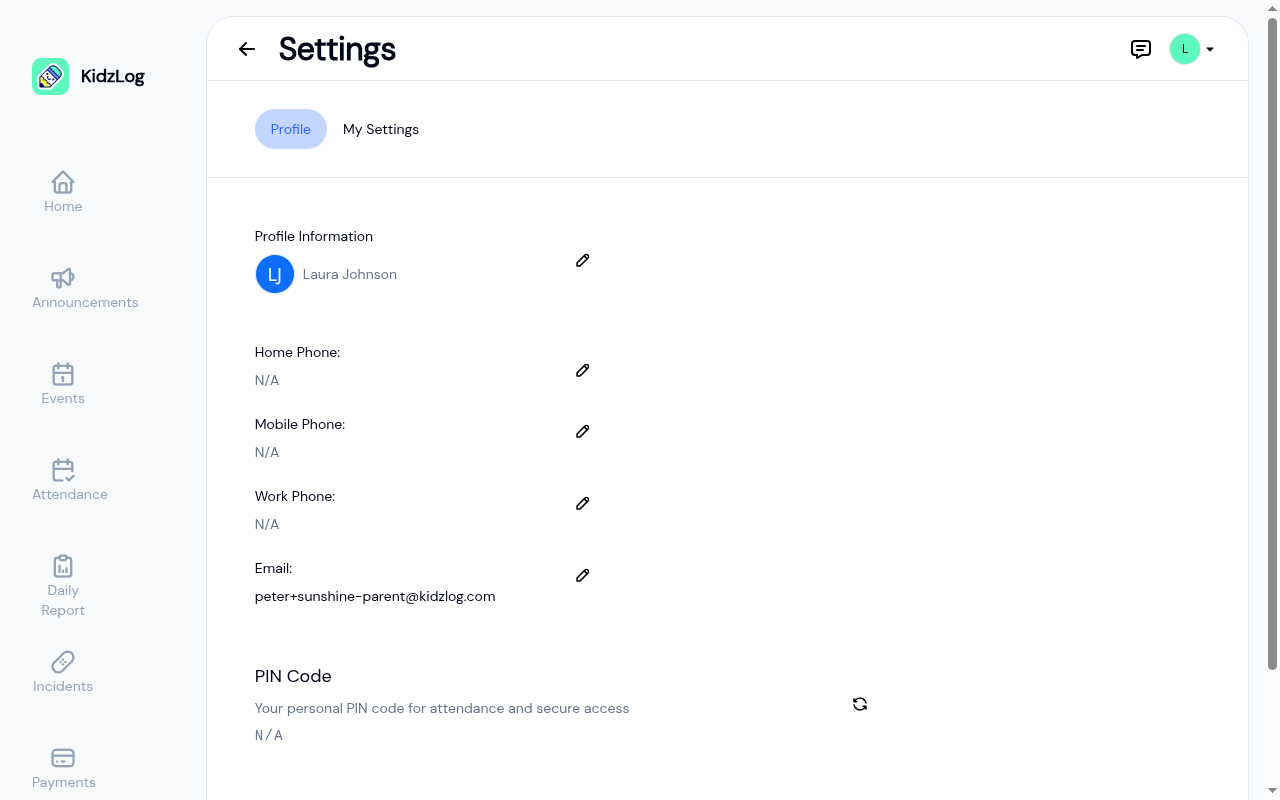 Settings page showing the Profile tab with contact information and PIN code
