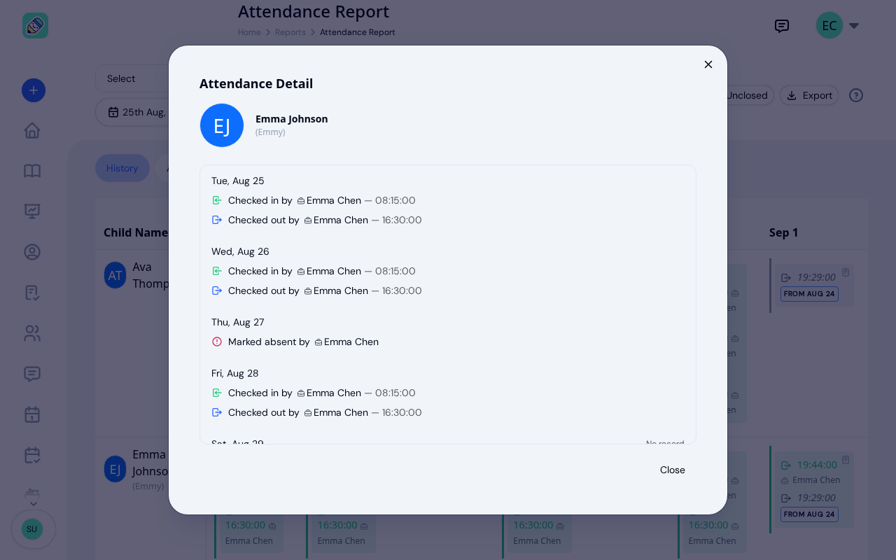 Attendance detail modal showing day-by-day check-in and check-out records for Emma Johnson