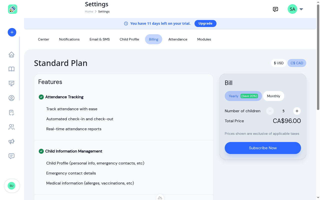 Billing tab during free trial showing plan features, yearly/monthly toggle, children count, and Subscribe Now button