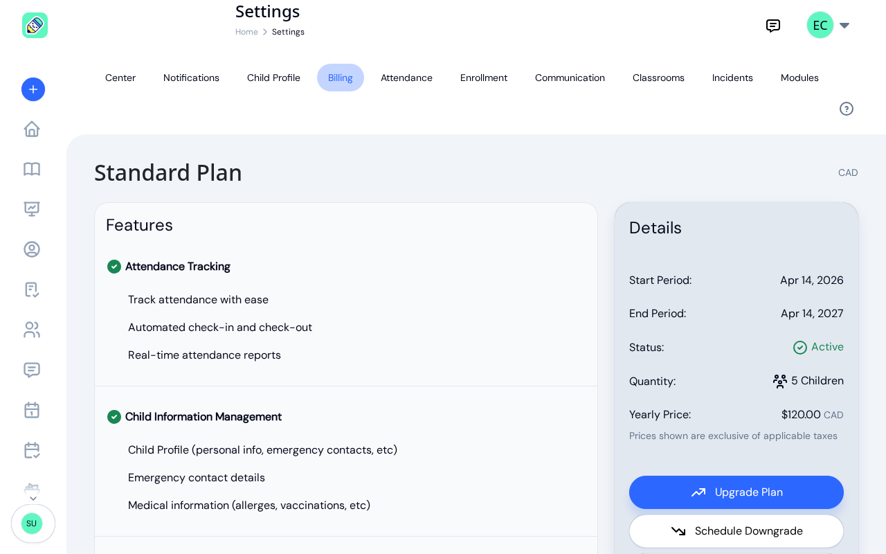 Billing tab during free trial showing plan features, yearly/monthly toggle, children count, and Subscribe Now button